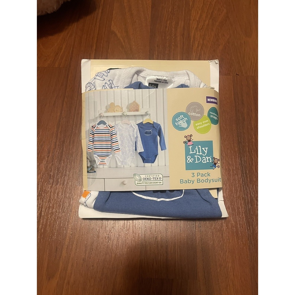 Lily & Dan 3 Pack Baby Bodysuit Newborn Blue White Soft Unisex Cotton
